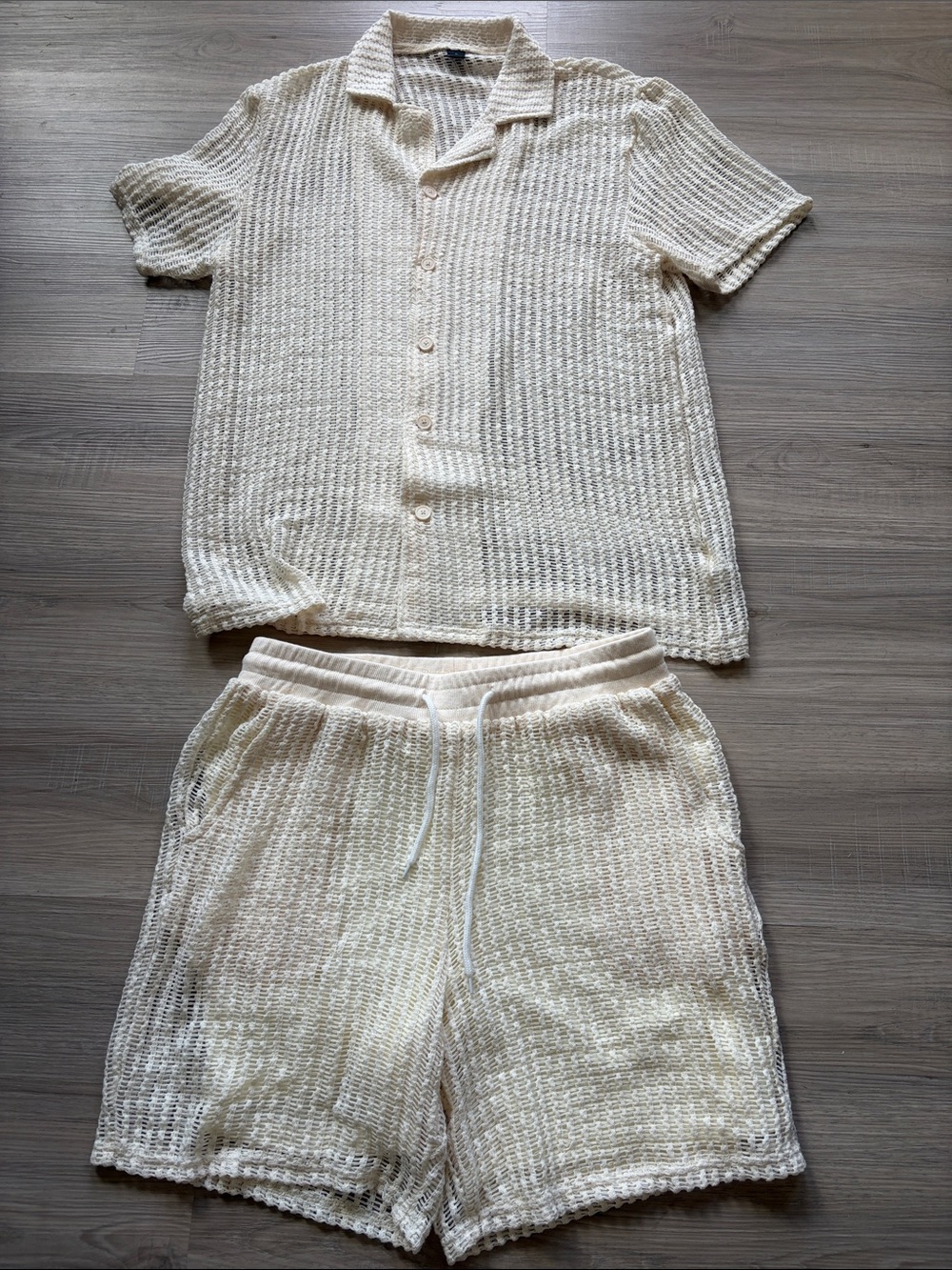 Men’s Cream Knit set - Short Sleeve Button Top & Drawstring Shorts
